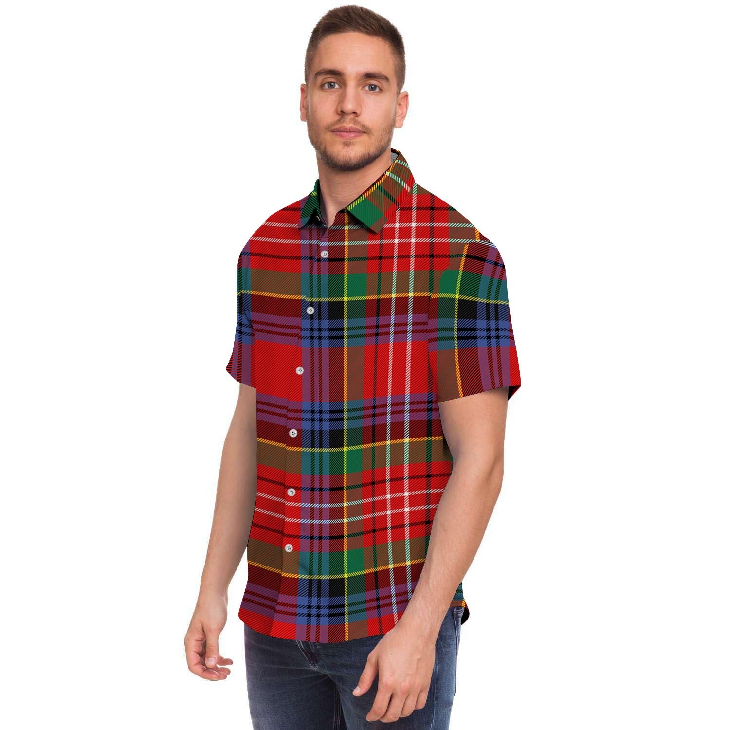 Caledonia Red Plaid Tartan Men's Short Sleeve Shirt-grizzshop