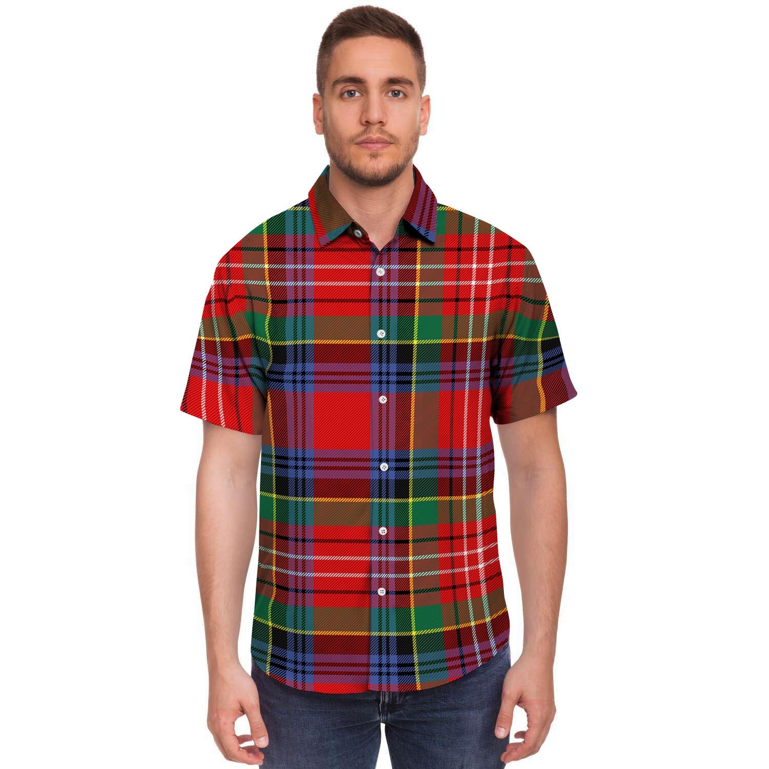 Caledonia Red Plaid Tartan Men's Short Sleeve Shirt-grizzshop