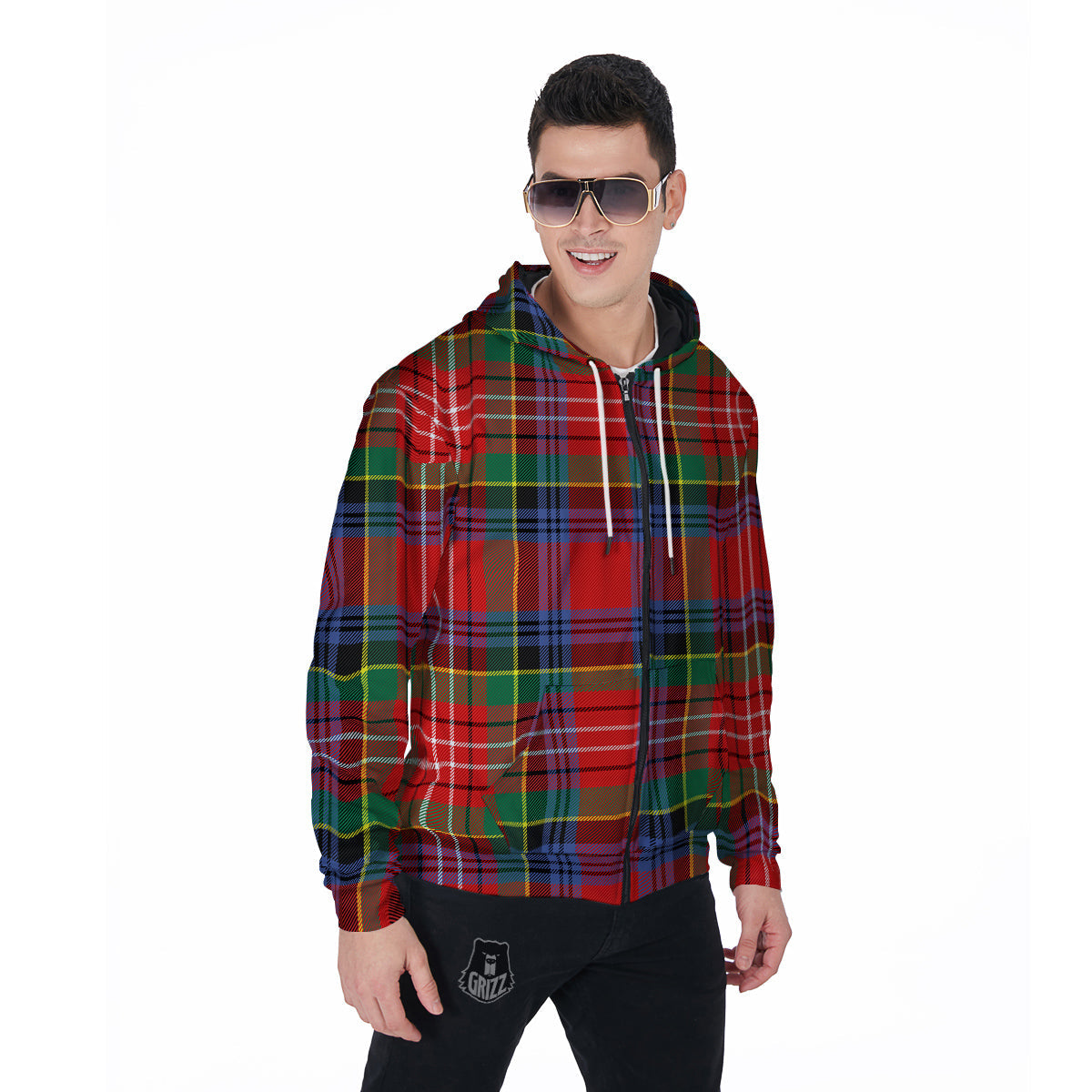 Caledonia Red Plaid Tartan Men's Zip Up Hoodie-grizzshop