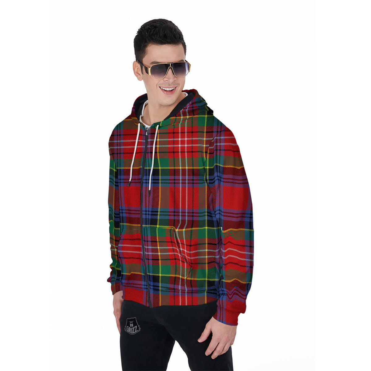 Caledonia Red Plaid Tartan Men's Zip Up Hoodie-grizzshop