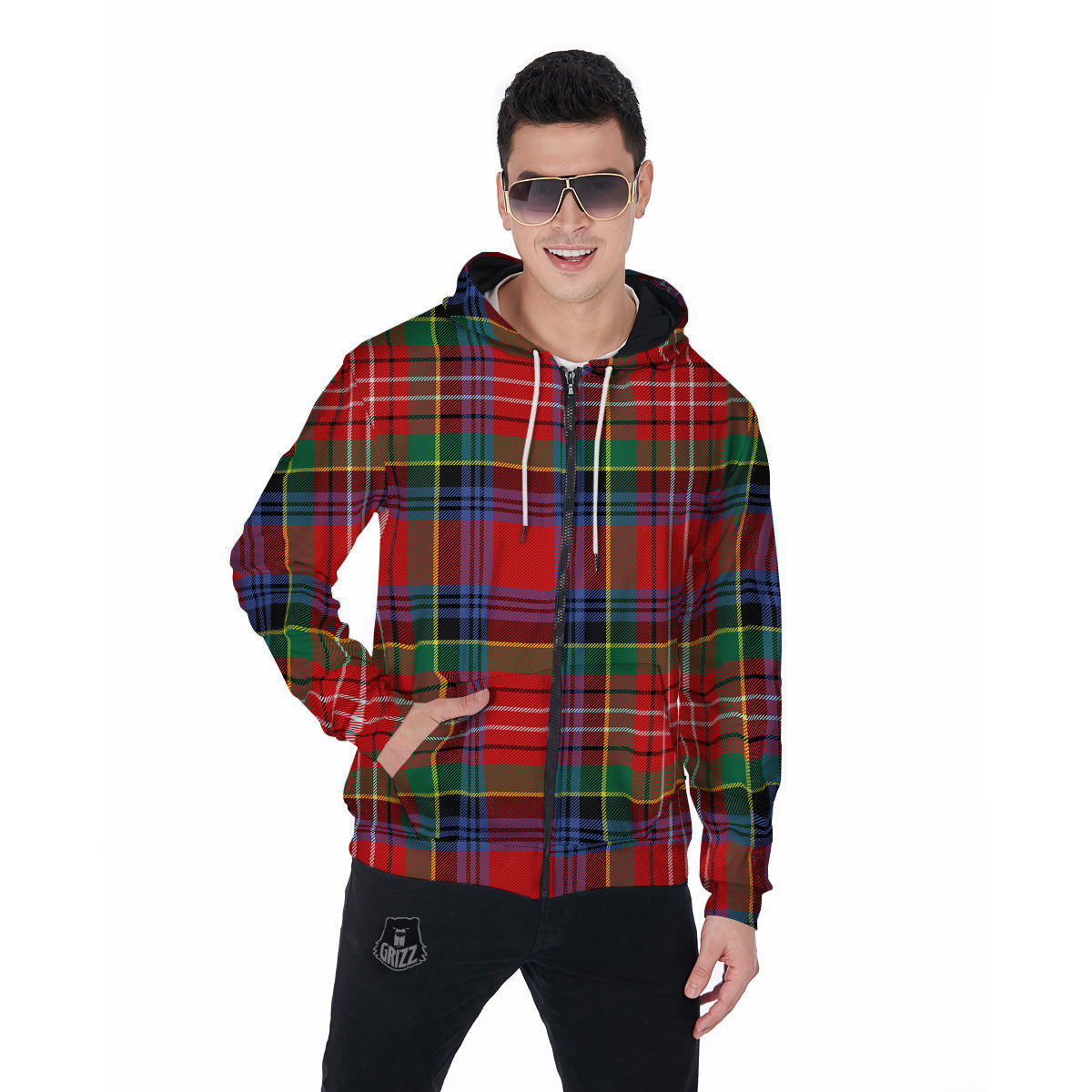 Caledonia Red Plaid Tartan Men's Zip Up Hoodie-grizzshop