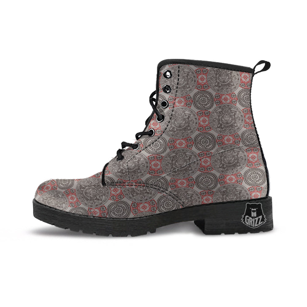 Calendar Aztec Doodle Print Pattern Leather Boots-grizzshop