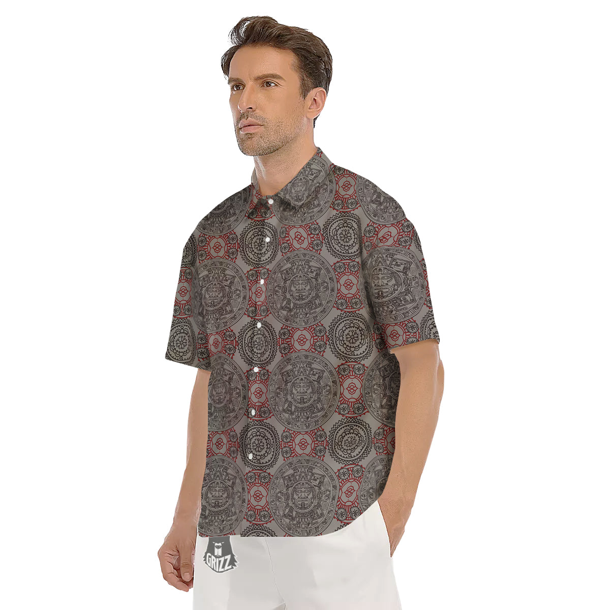 Calendar Aztec Doodle Print Pattern Men's Short Sleeve Shirts-grizzshop