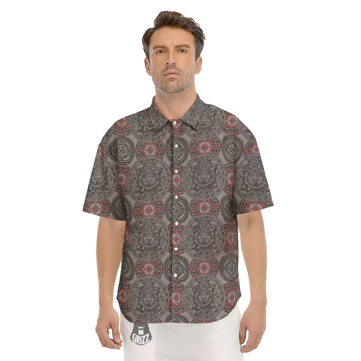 Calendar Aztec Doodle Print Pattern Men's Short Sleeve Shirts-grizzshop