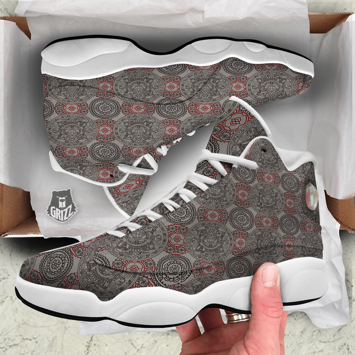 Calendar Aztec Doodle Print Pattern White Basketball Shoes-grizzshop
