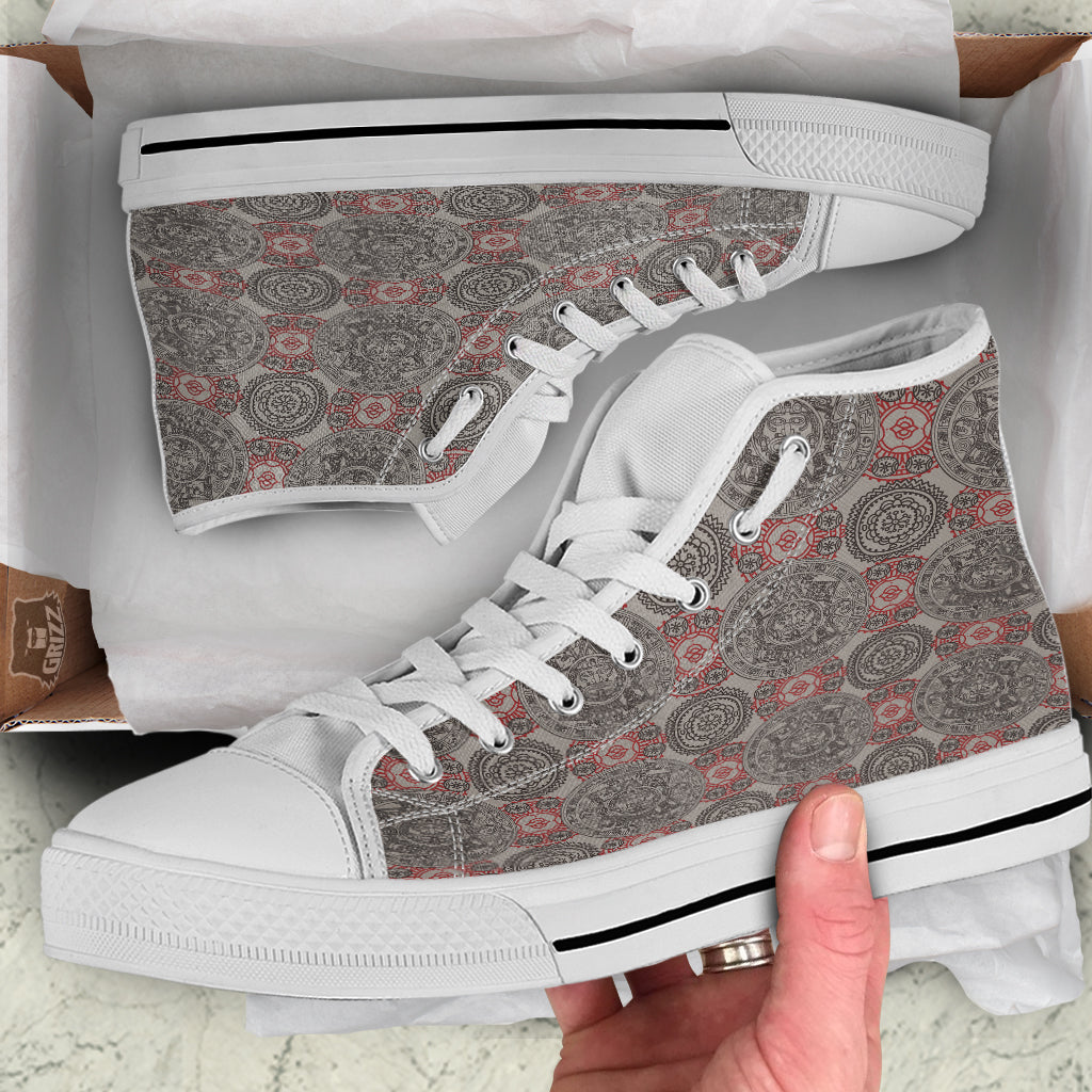 Calendar Aztec Doodle Print Pattern White High Top Shoes-grizzshop