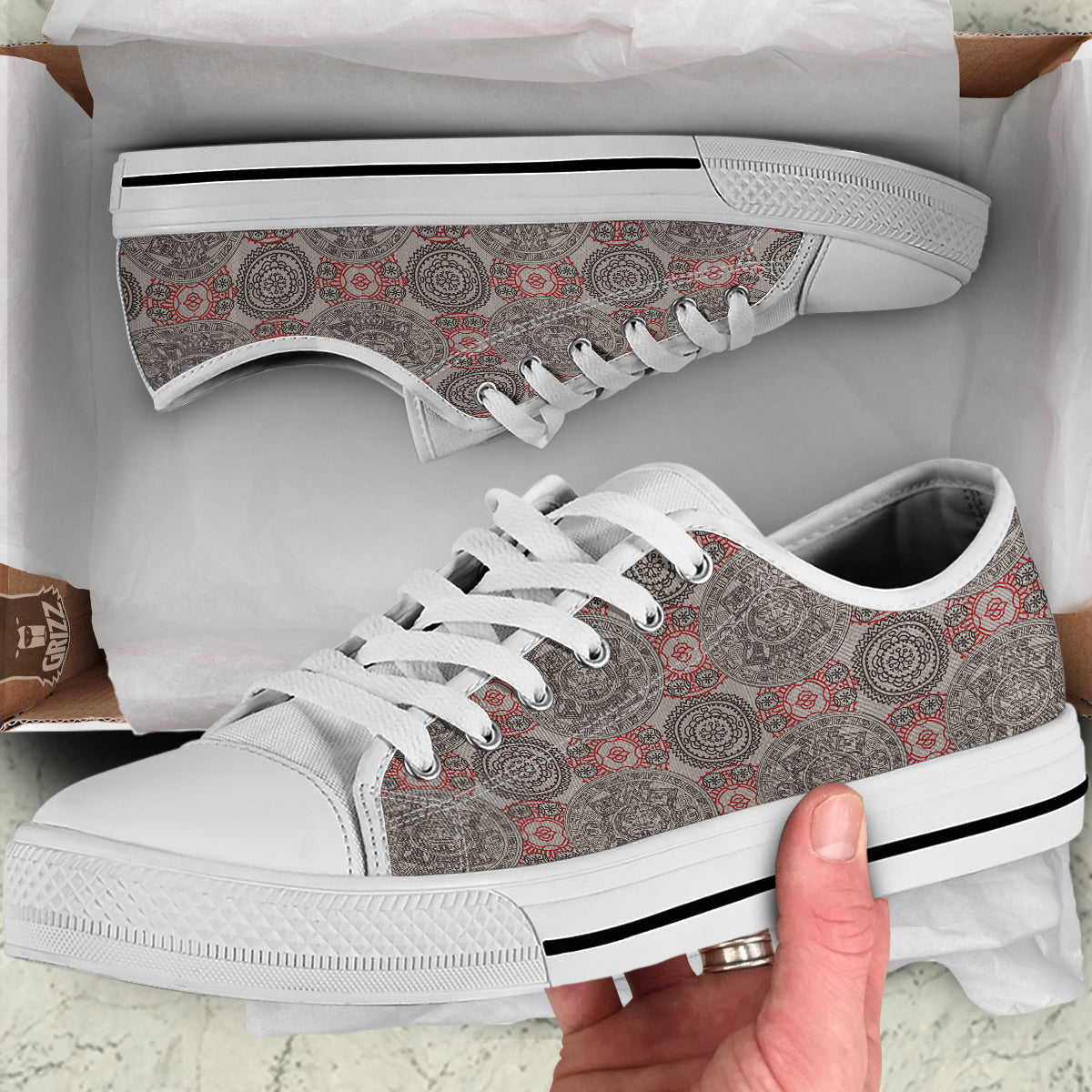 Calendar Aztec Doodle Print Pattern White Low Top Shoes-grizzshop