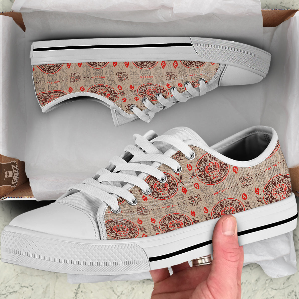Calendar Aztec Vintagecolor Print Pattern White Low Top Shoes-grizzshop