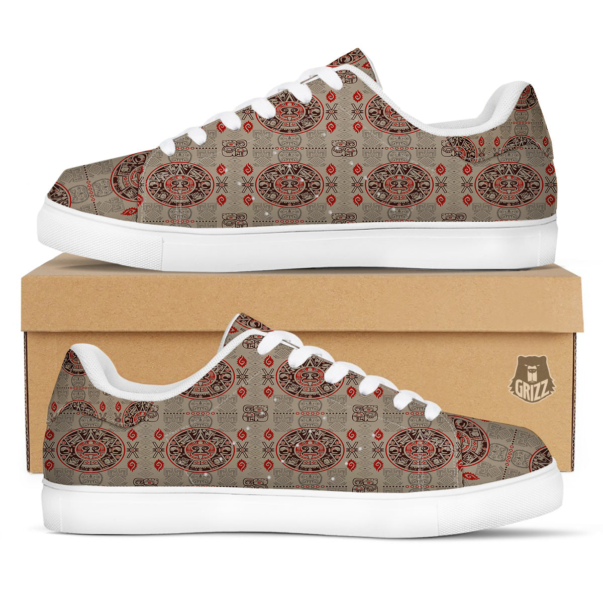 Calendar Aztec Vintagecolor Print Pattern White Low Top Sneakers-grizzshop