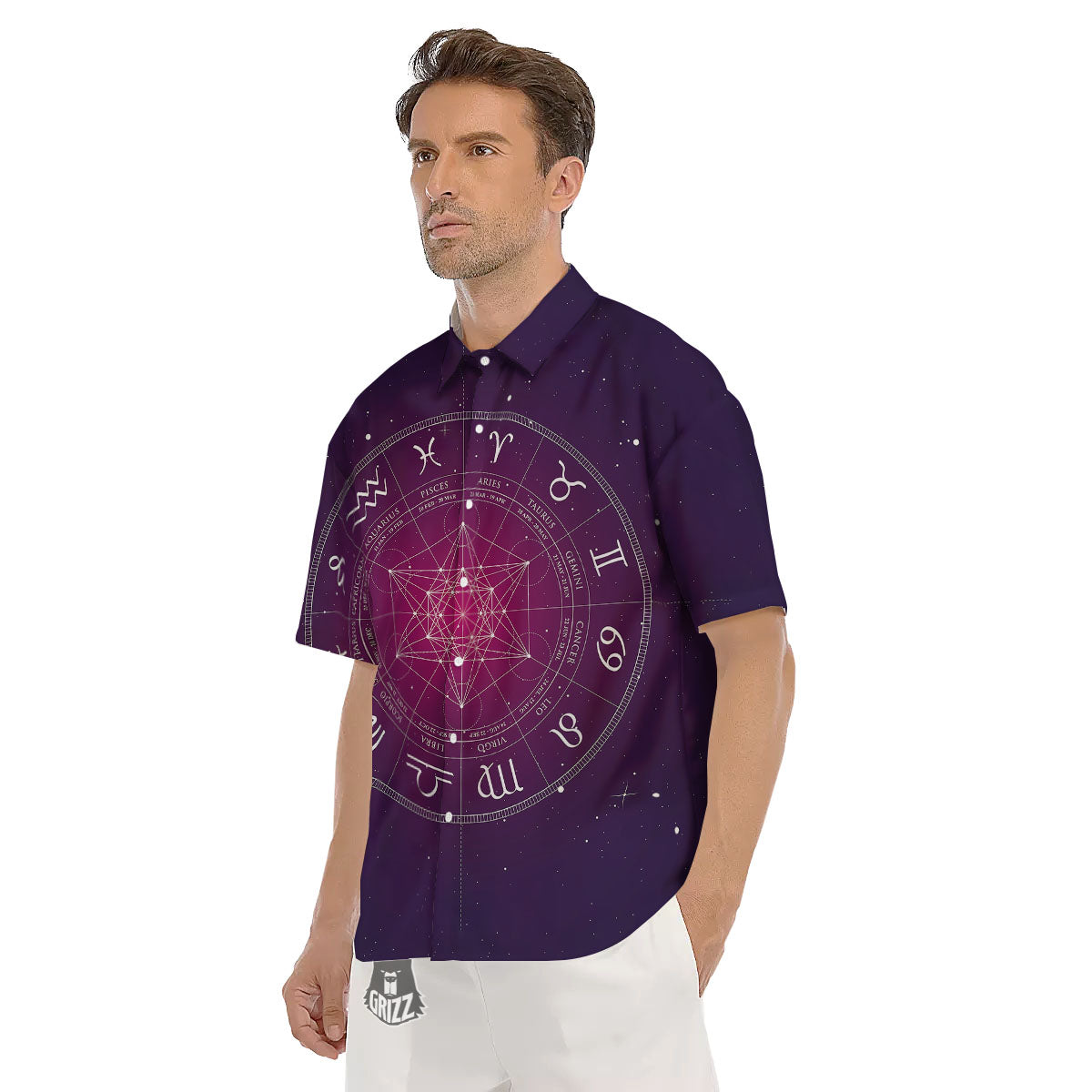 Calendar Geometric Zodiac Print Men's Short Sleeve Shirts-grizzshop