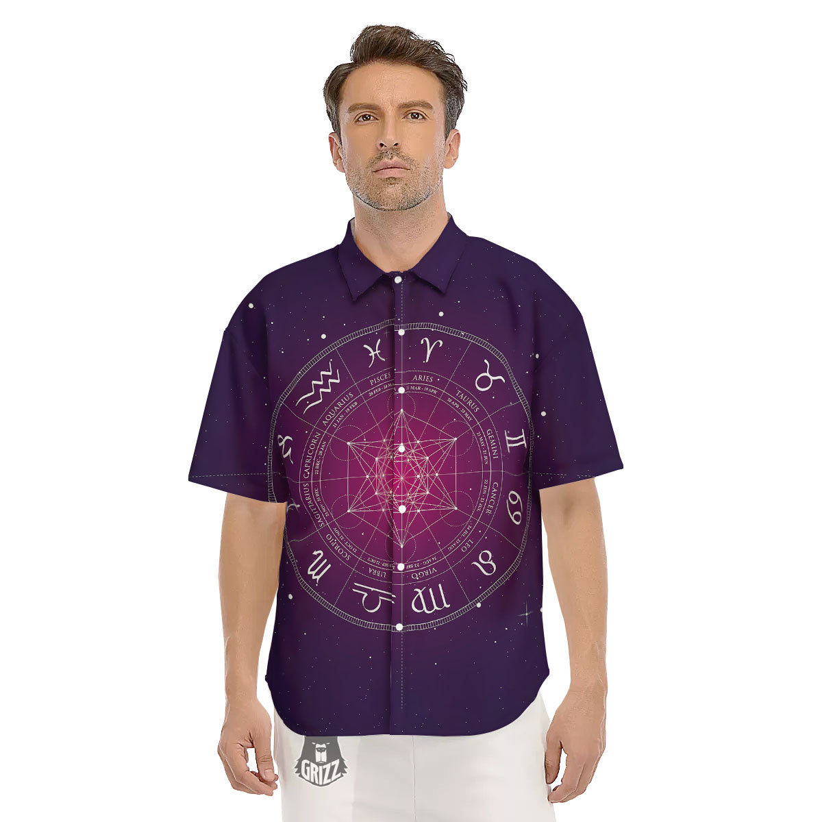 Calendar Geometric Zodiac Print Men's Short Sleeve Shirts-grizzshop