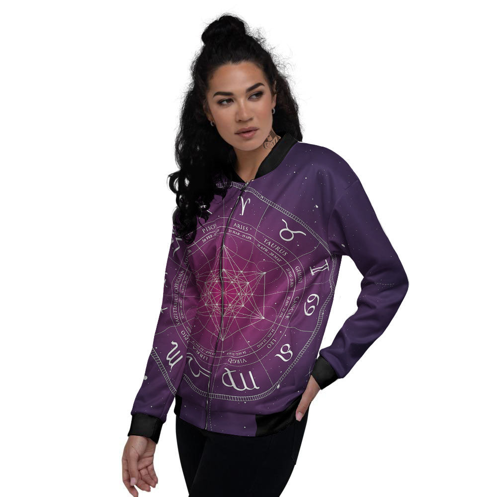Calendar Geometric Zodiac Print Women's Bomber Jacket-grizzshop