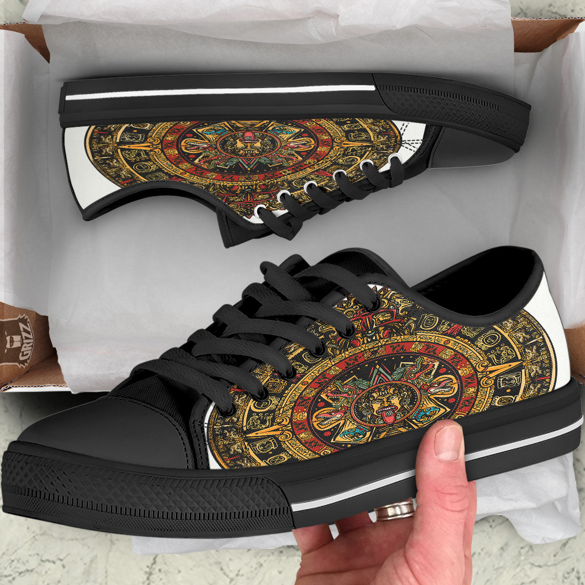 Calendar Mayan Print Black Low Top Shoes-grizzshop