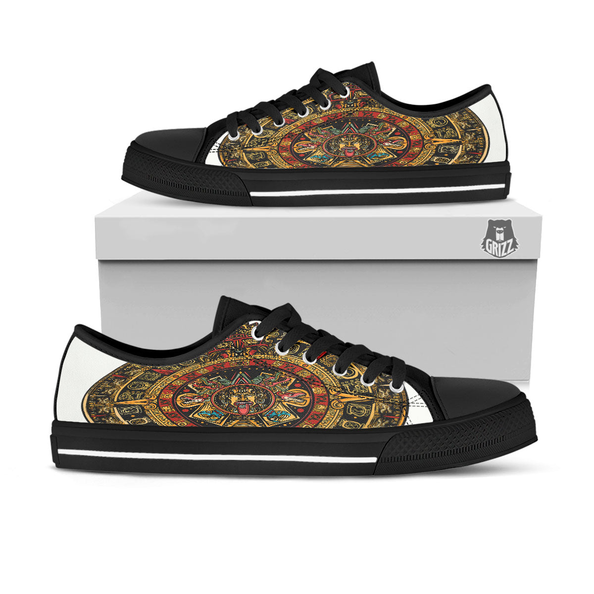 Calendar Mayan Print Black Low Top Shoes-grizzshop