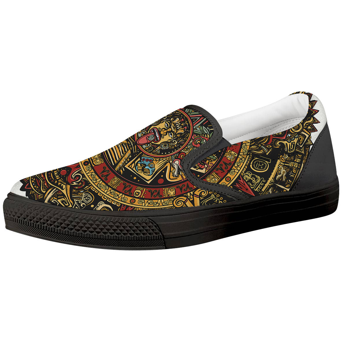 Calendar Mayan Print Black Slip On Shoes-grizzshop