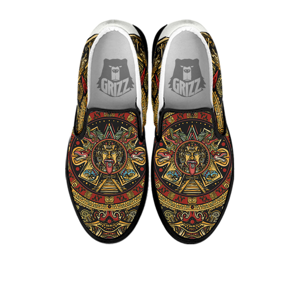 Calendar Mayan Print Black Slip On Shoes-grizzshop