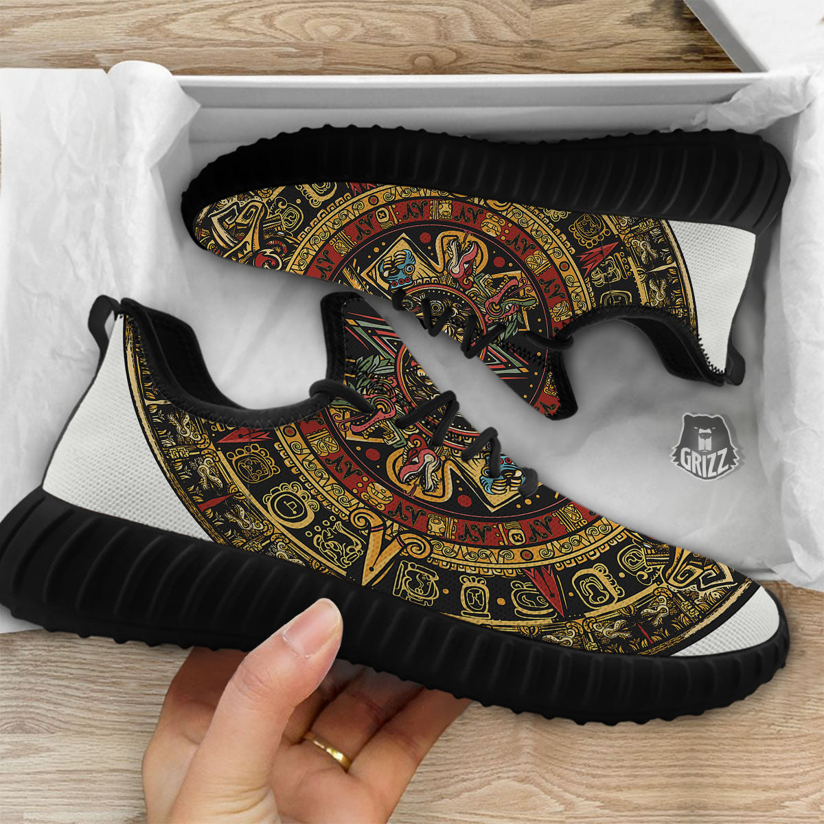 Calendar Mayan Print Black Walking Shoes-grizzshop