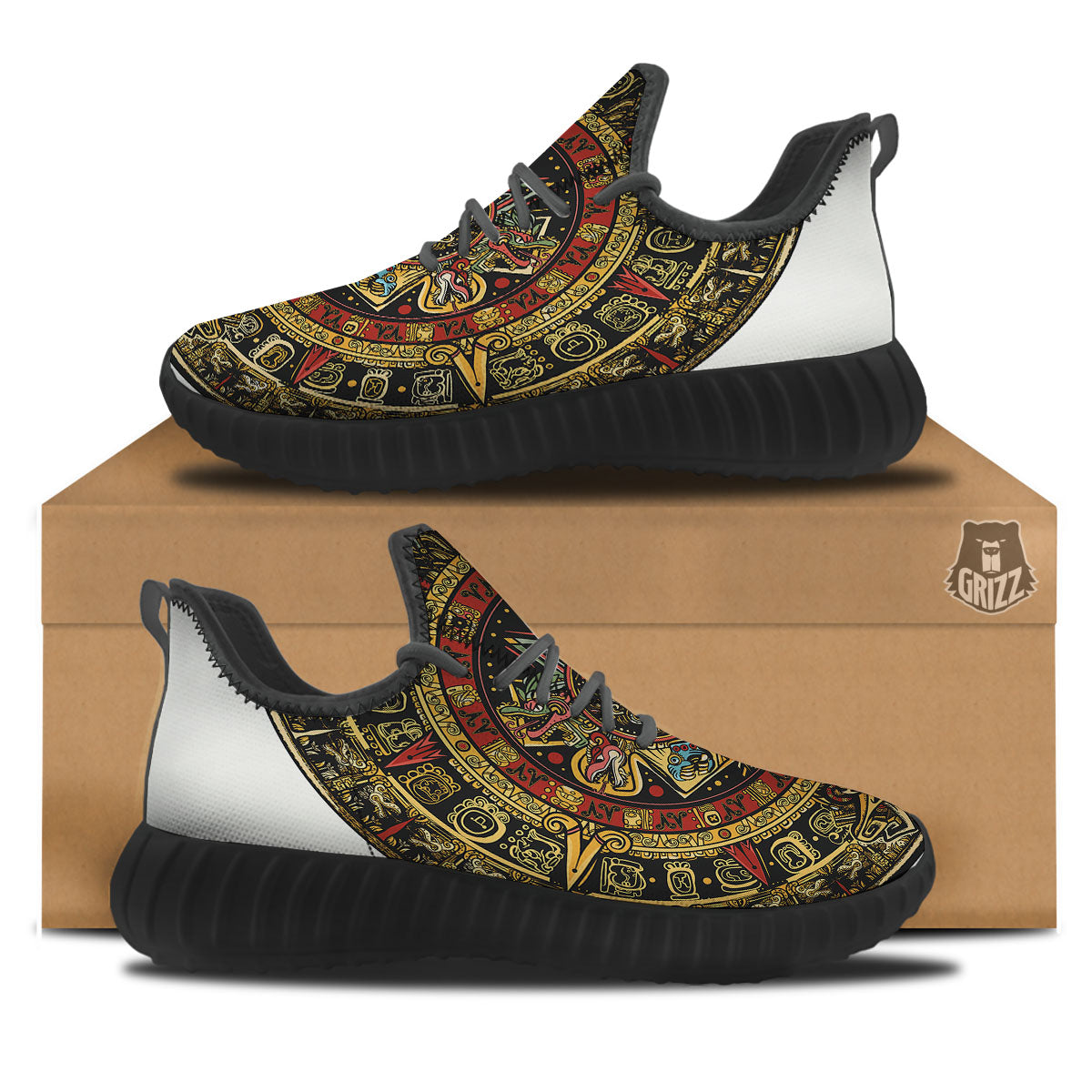Calendar Mayan Print Black Walking Shoes-grizzshop