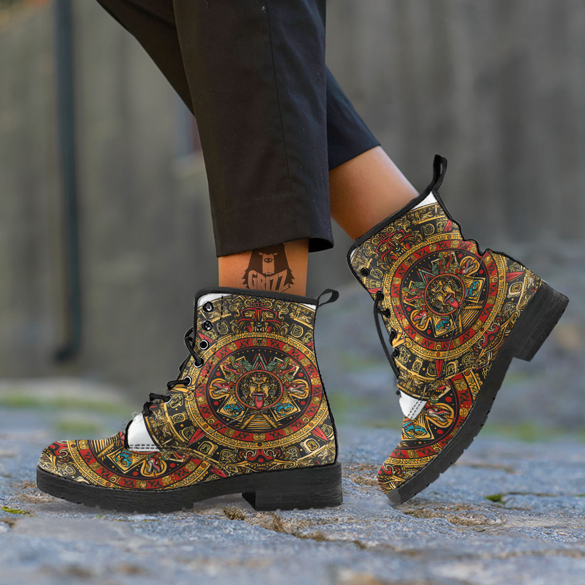 Calendar Mayan Print Leather Boots-grizzshop