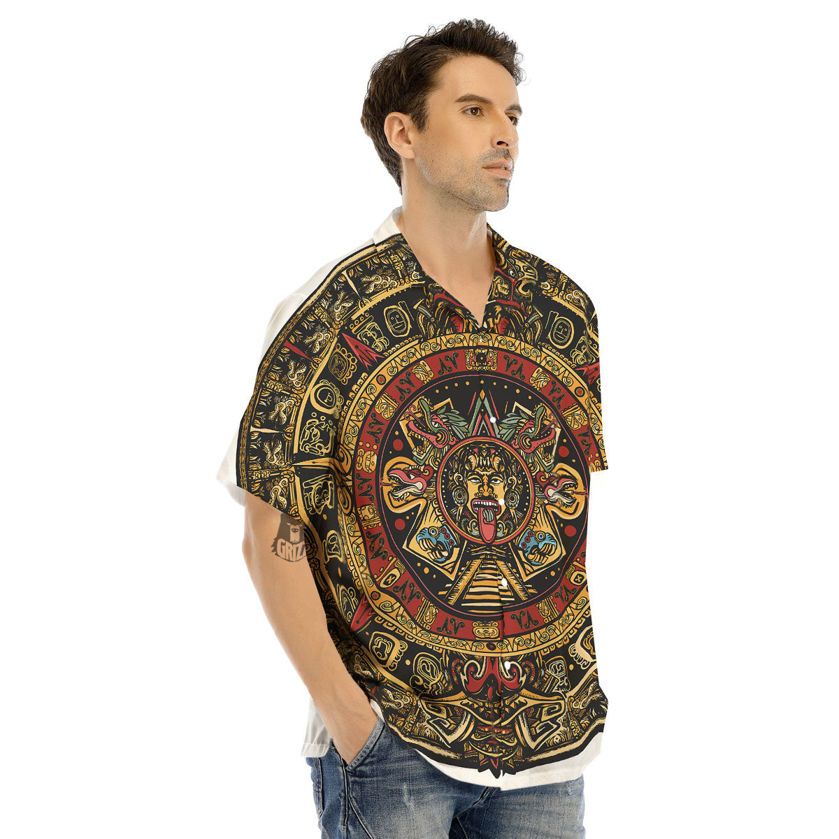 Calendar Mayan Print Men's Hawaiian Shirt-grizzshop