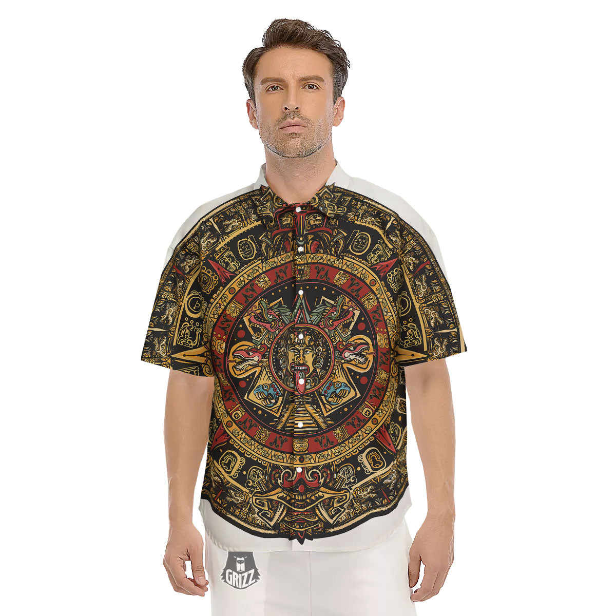 Calendar Mayan Print Men's Short Sleeve Shirts-grizzshop