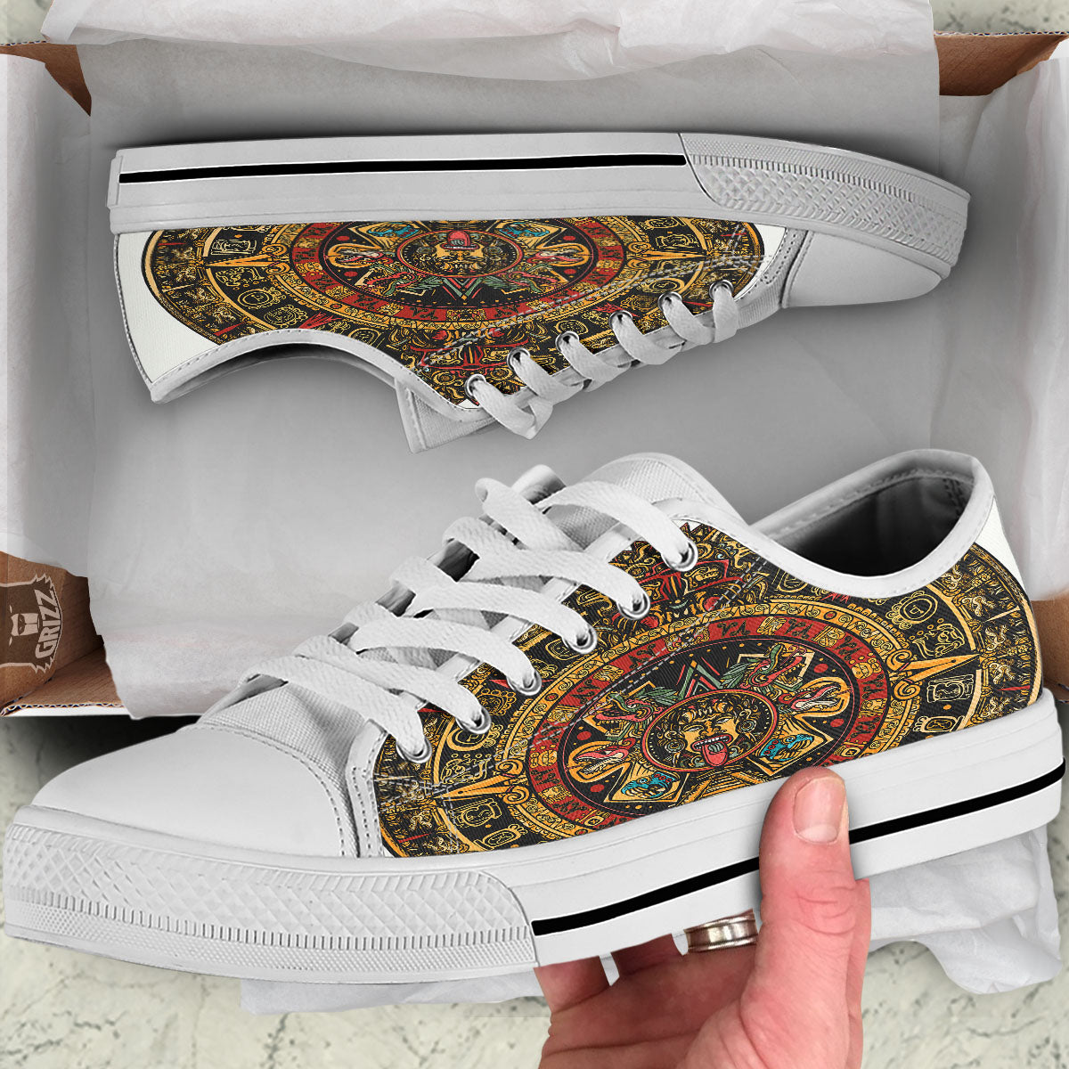 Calendar Mayan Print White Low Top Shoes-grizzshop