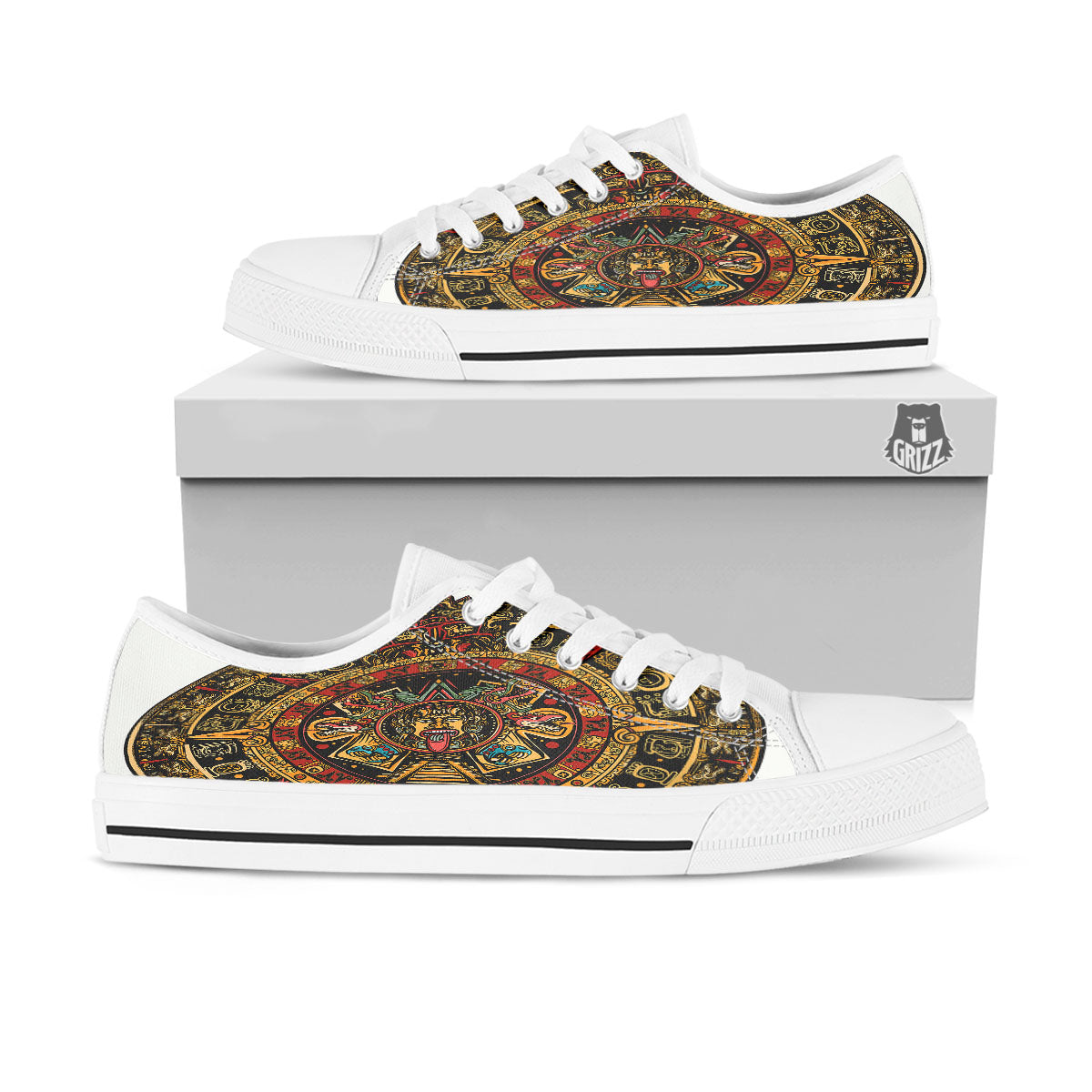 Calendar Mayan Print White Low Top Shoes-grizzshop