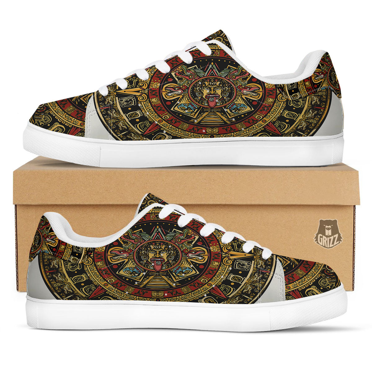 Calendar Mayan Print White Low Top Sneakers-grizzshop