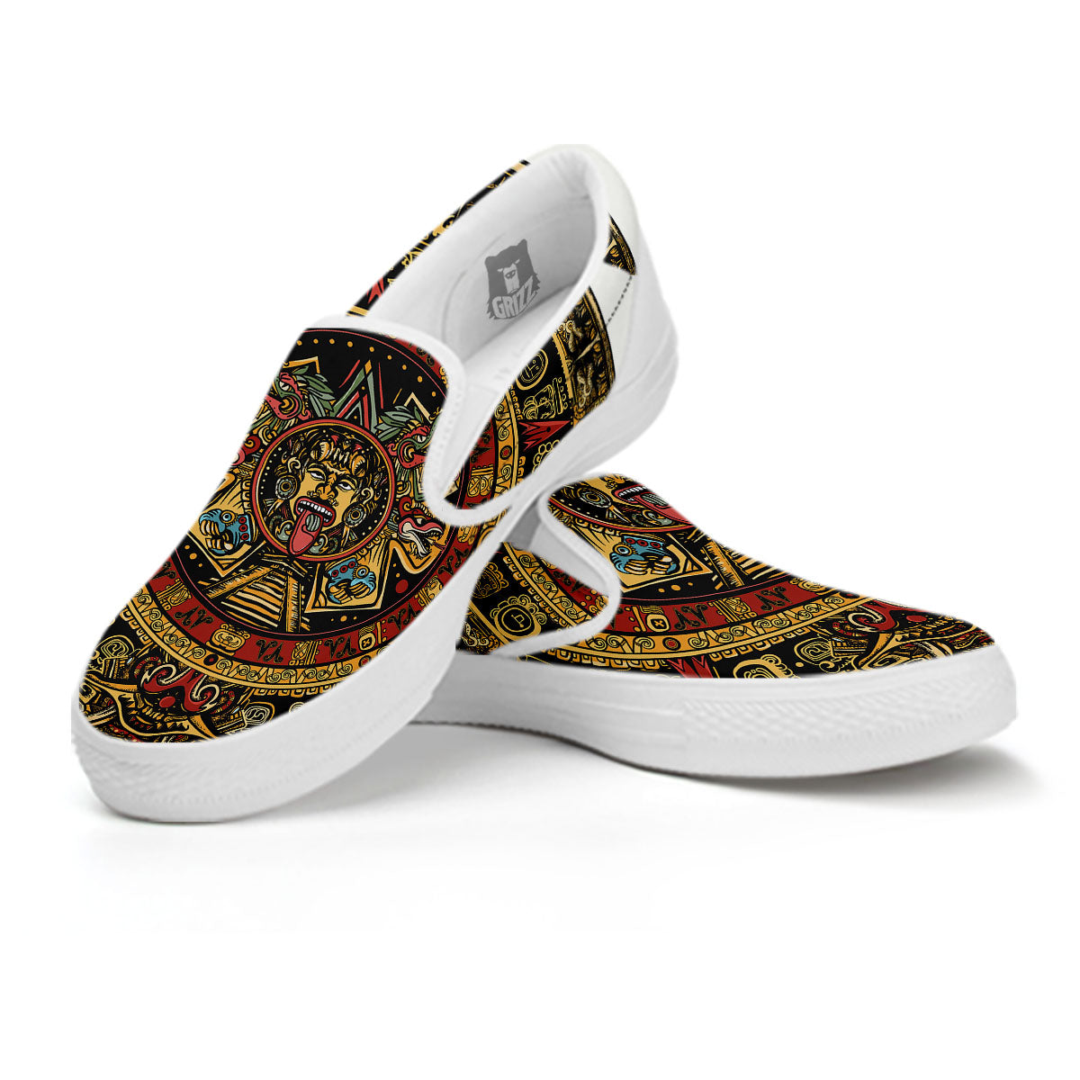 Calendar Mayan Print White Slip On Shoes-grizzshop