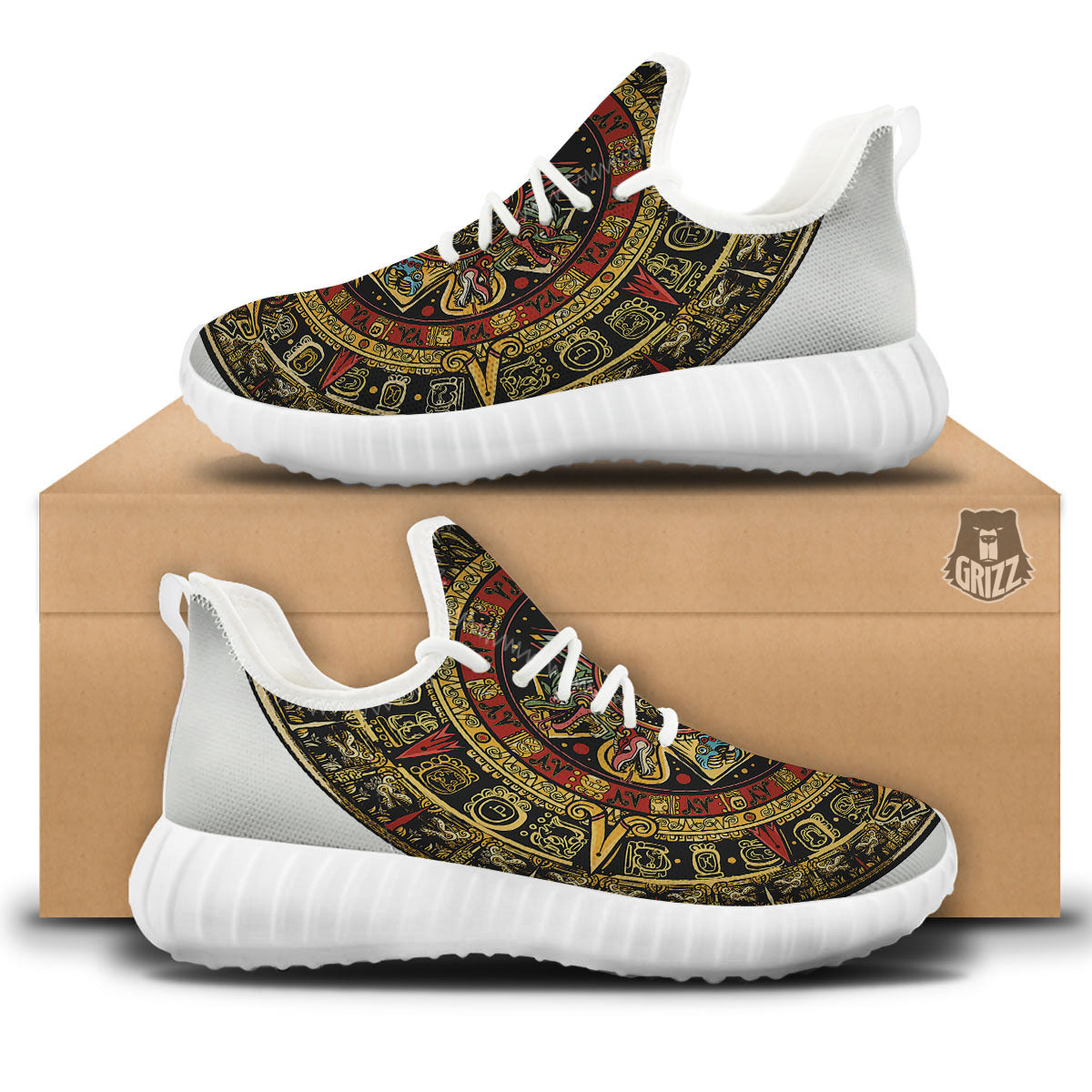 Calendar Mayan Print White Walking Shoes-grizzshop