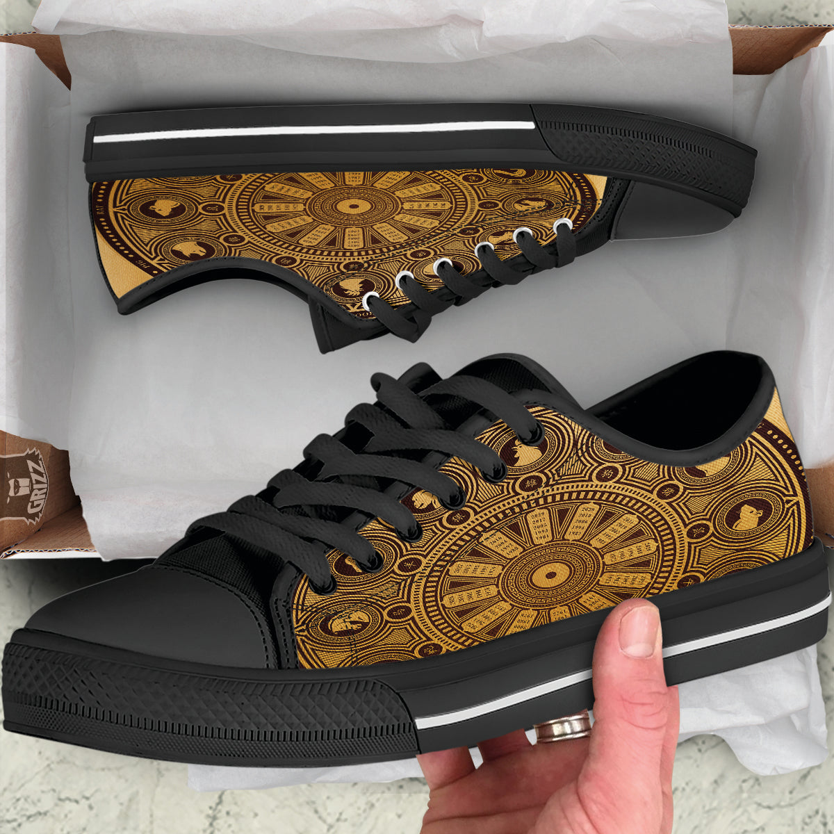 Calendar Signs Chinese Zodiac Print Black Low Top Shoes-grizzshop