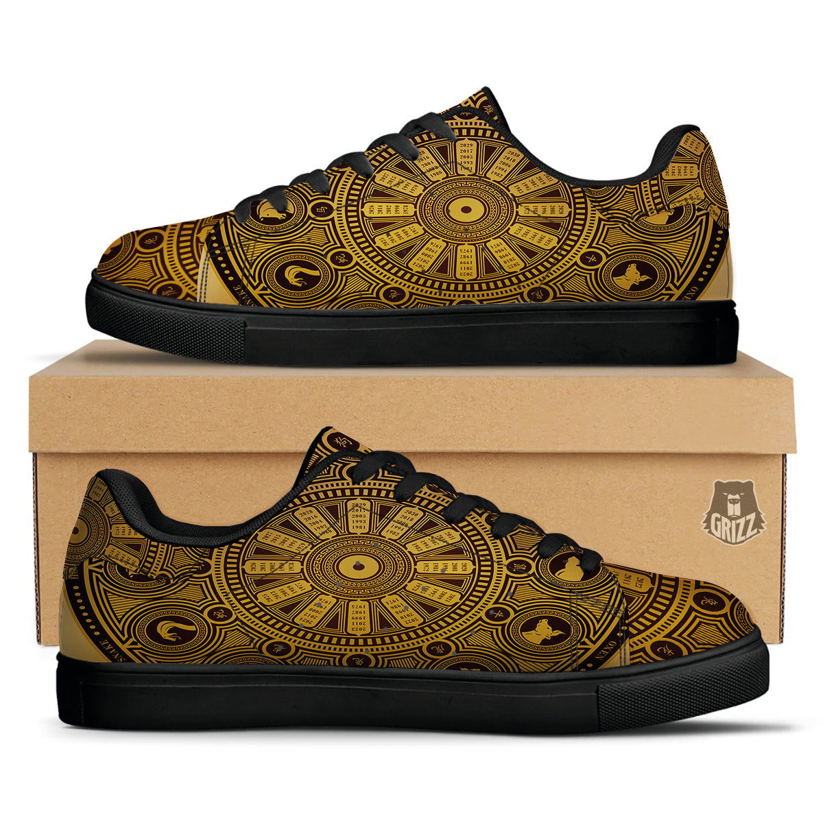 Calendar Signs Chinese Zodiac Print Black Low Top Sneakers-grizzshop
