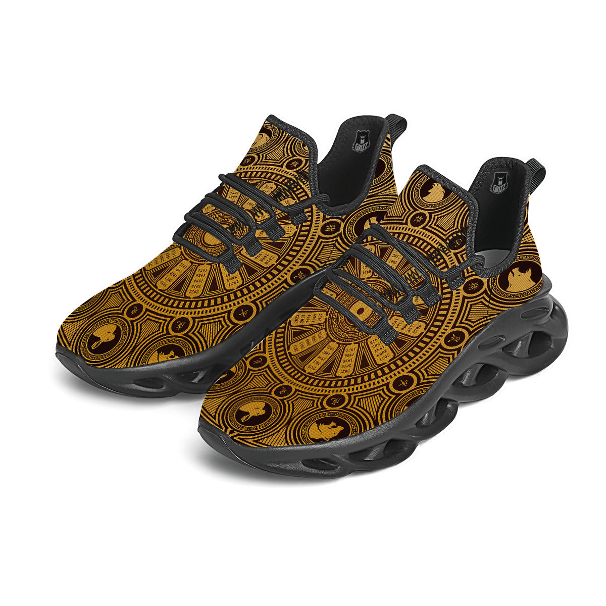 Calendar Signs Chinese Zodiac Print Black Running Shoes-grizzshop