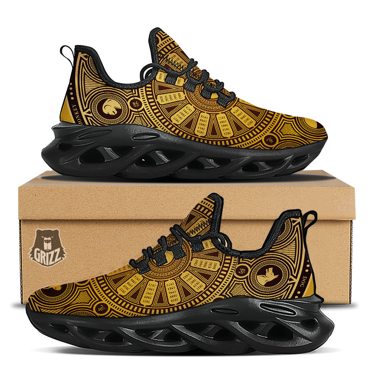 Calendar Signs Chinese Zodiac Print Black Running Shoes-grizzshop