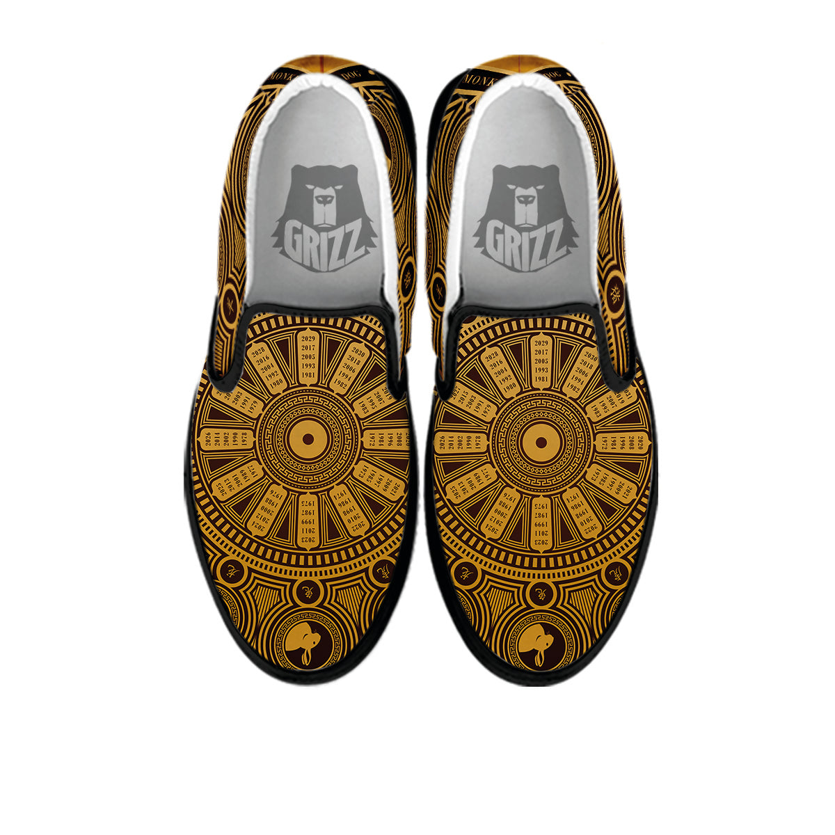 Calendar Signs Chinese Zodiac Print Black Slip On Shoes-grizzshop