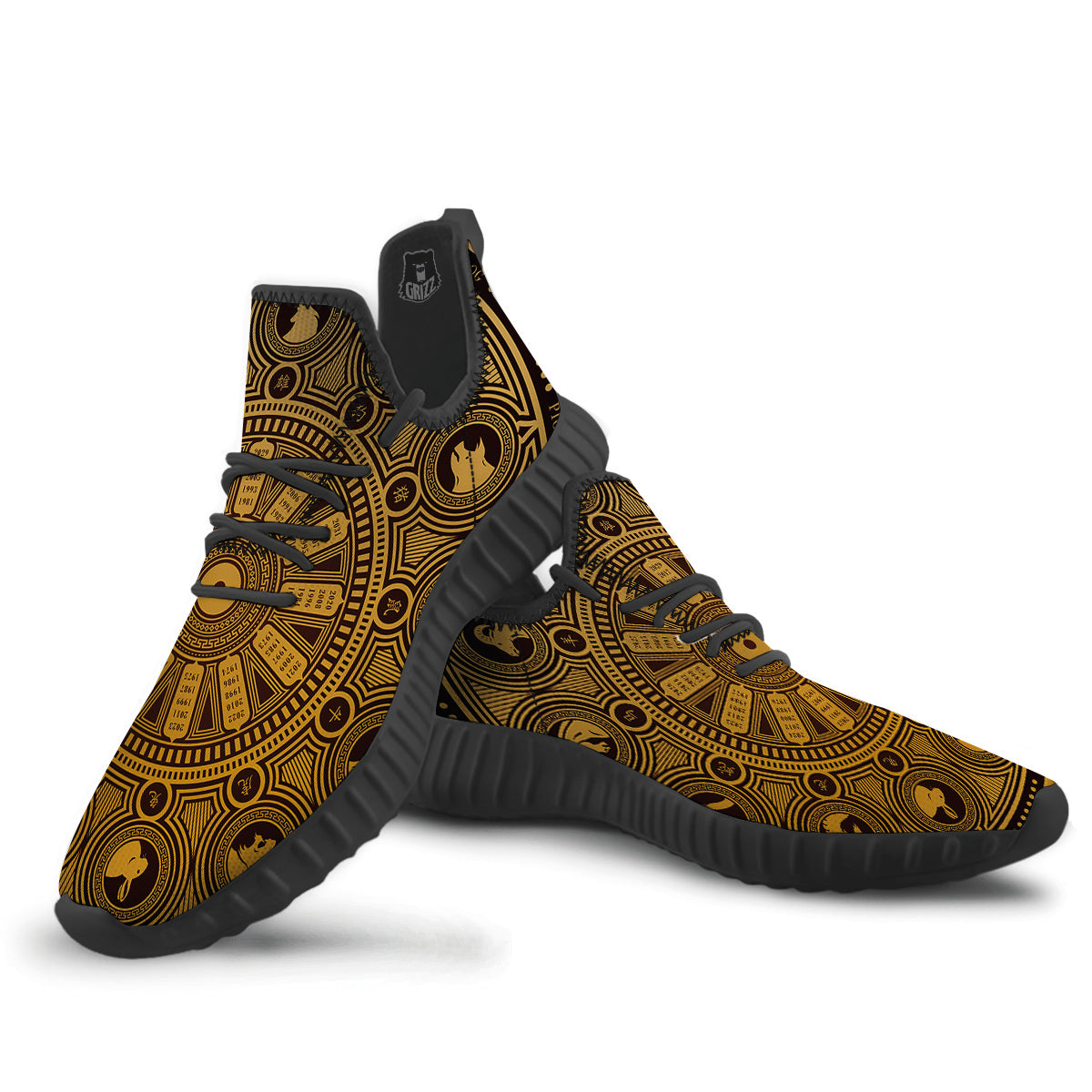 Calendar Signs Chinese Zodiac Print Black Walking Shoes-grizzshop