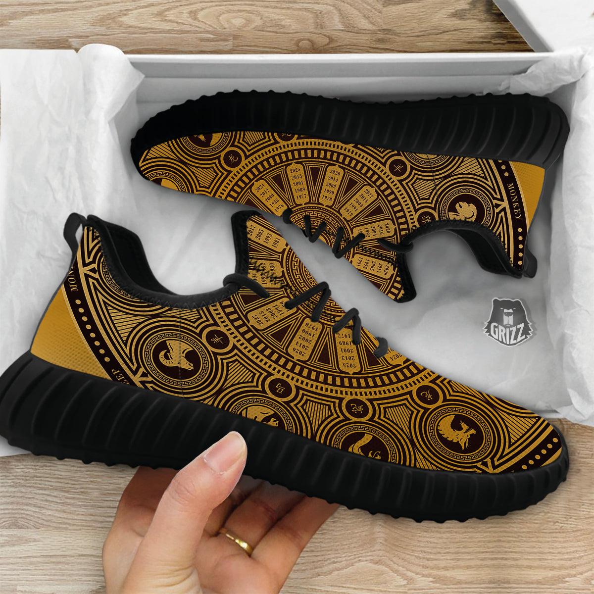 Calendar Signs Chinese Zodiac Print Black Walking Shoes-grizzshop