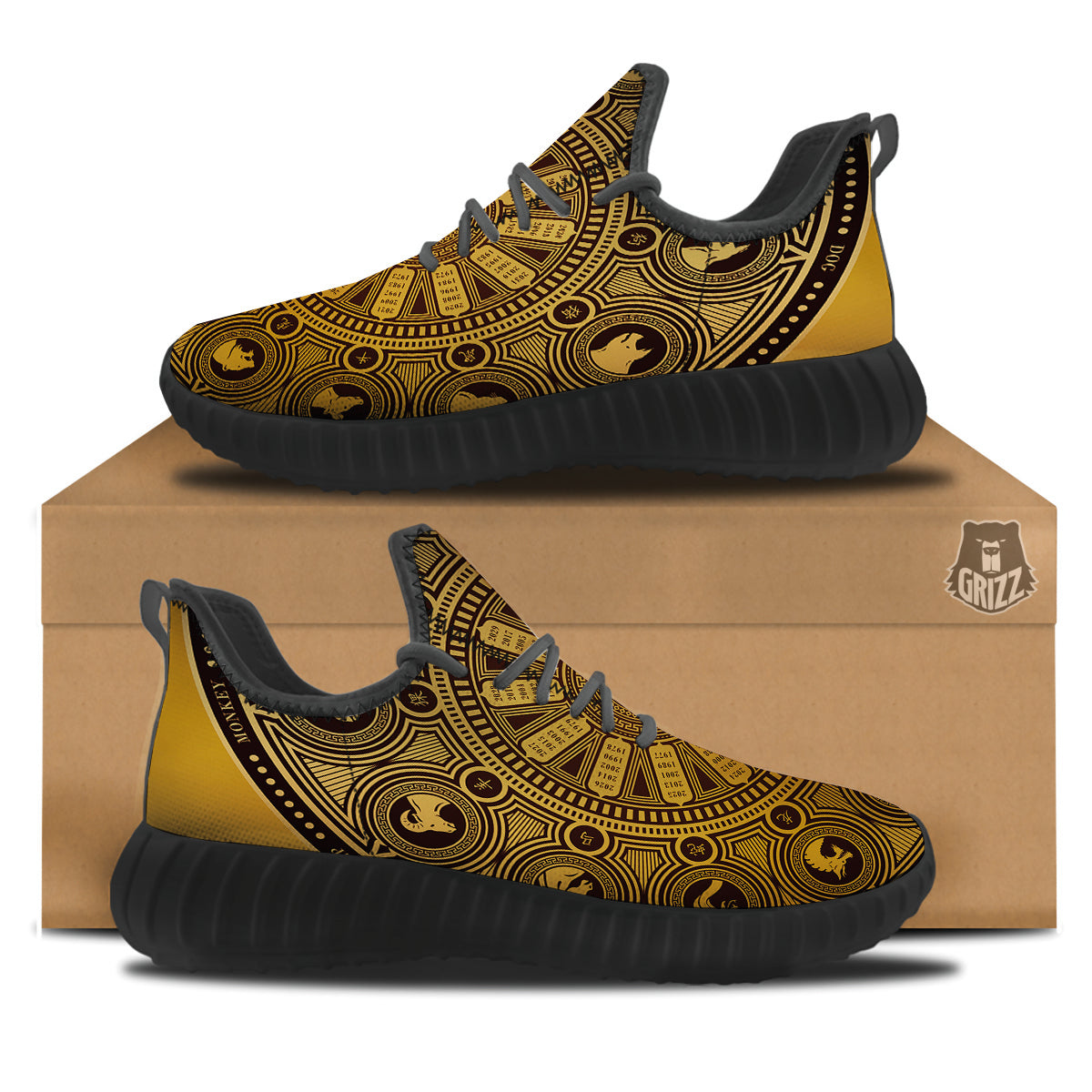 Calendar Signs Chinese Zodiac Print Black Walking Shoes-grizzshop