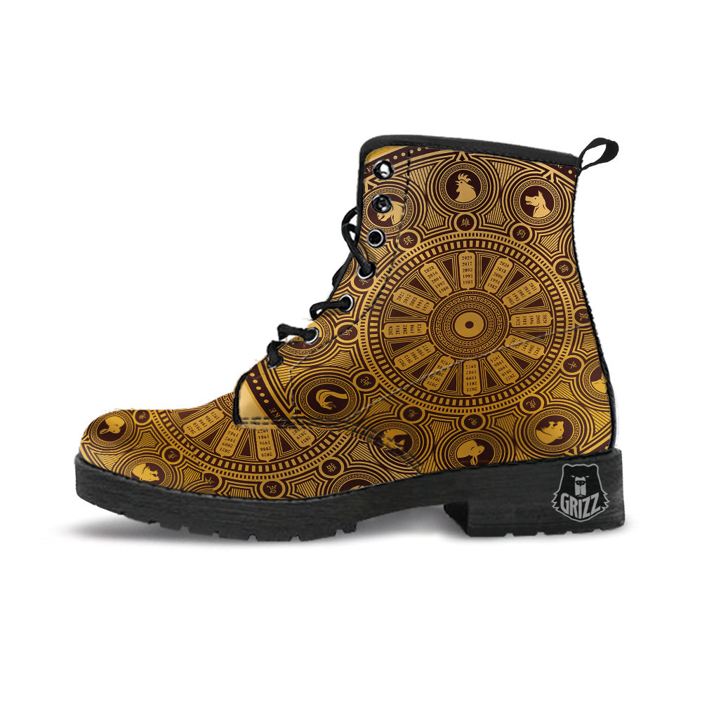 Calendar Signs Chinese Zodiac Print Leather Boots-grizzshop