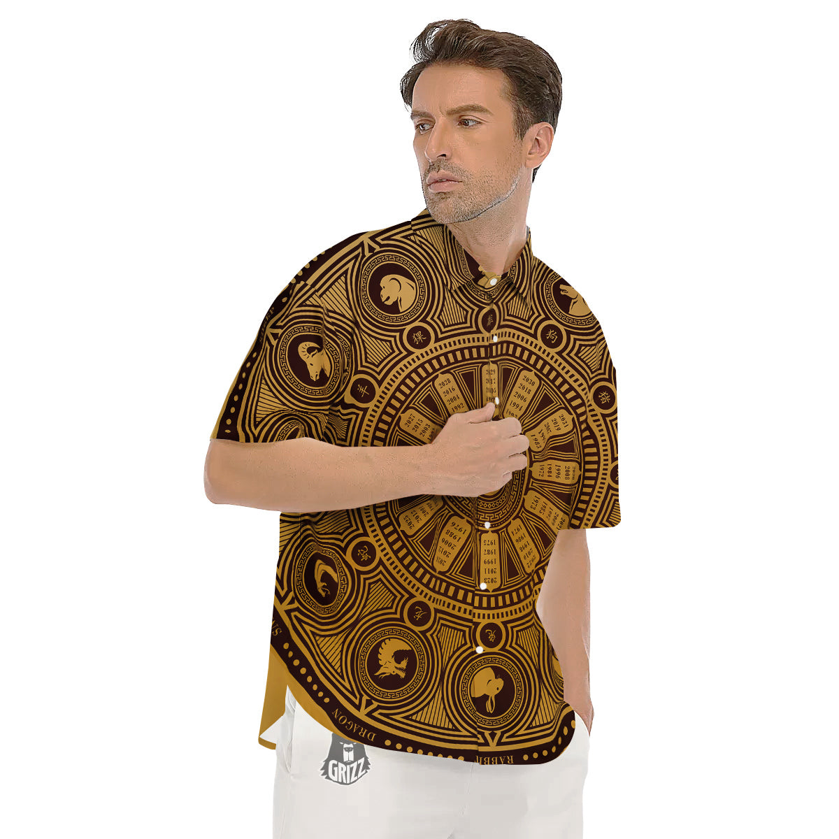 Calendar Signs Chinese Zodiac Print Men's Short Sleeve Shirts-grizzshop