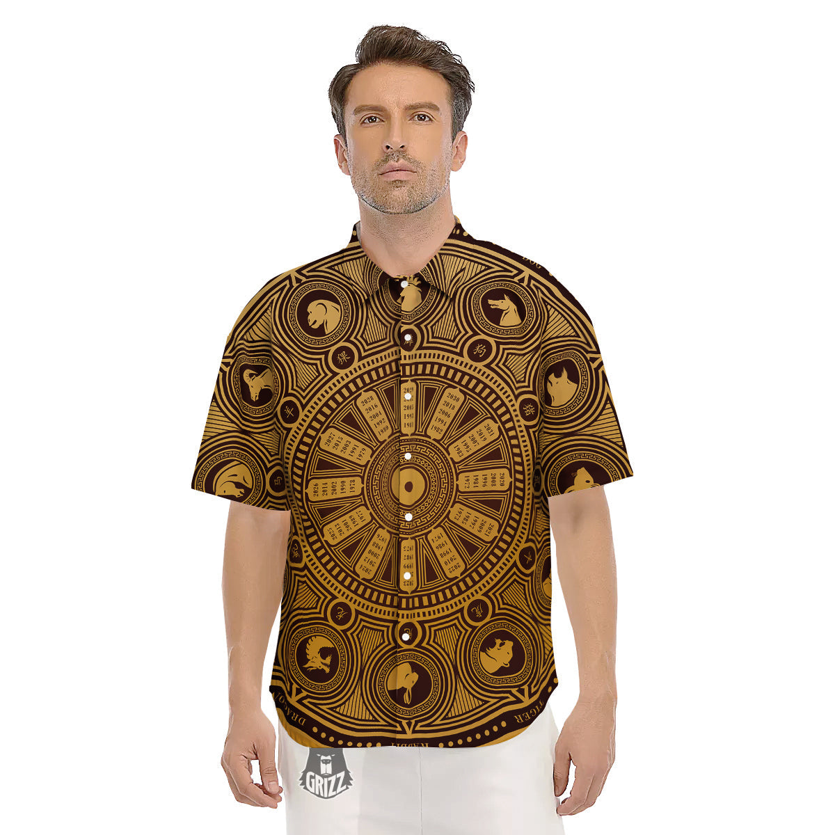 Calendar Signs Chinese Zodiac Print Men's Short Sleeve Shirts-grizzshop