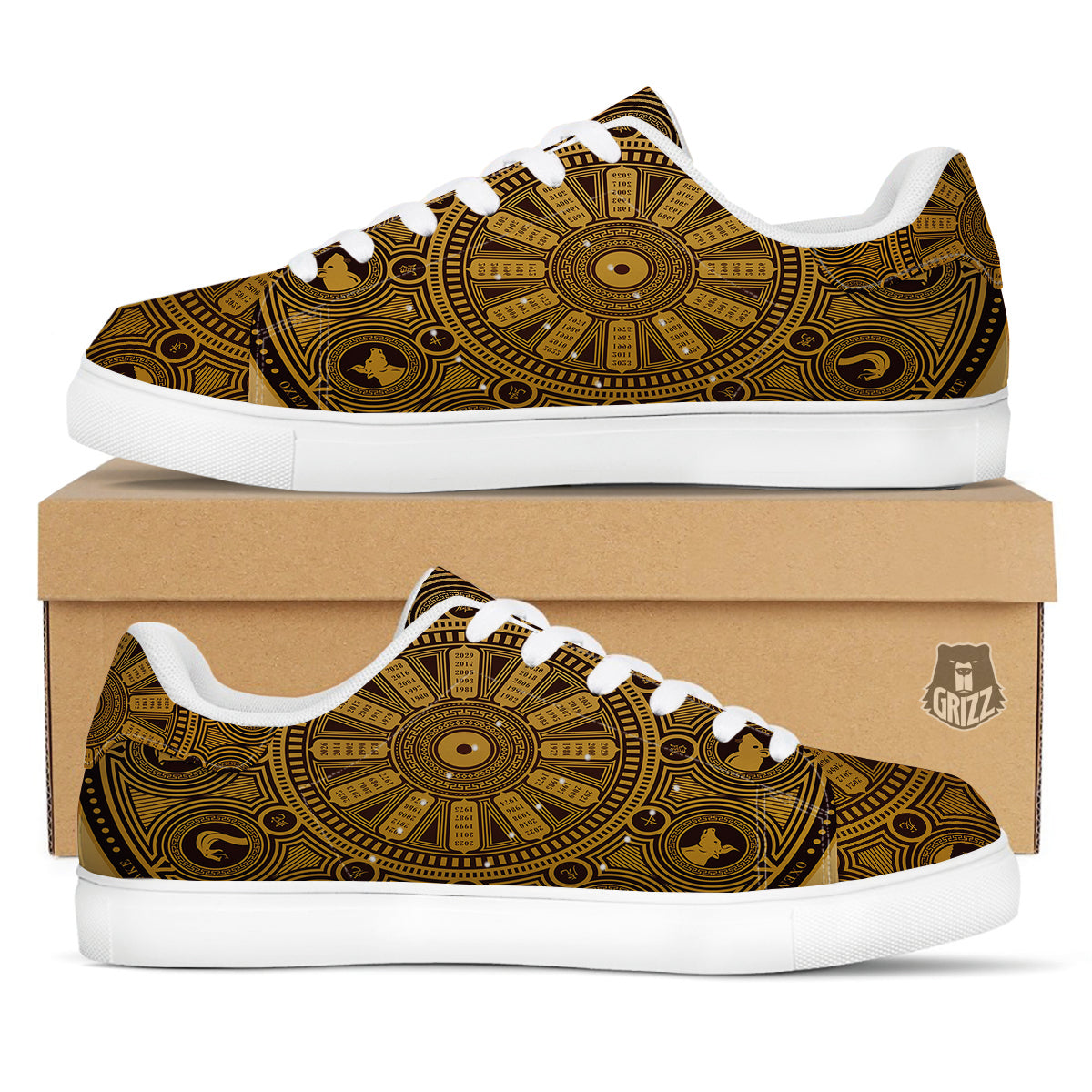 Calendar Signs Chinese Zodiac Print White Low Top Sneakers-grizzshop