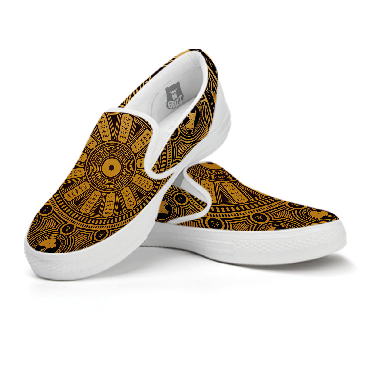 Calendar Signs Chinese Zodiac Print White Slip On Shoes-grizzshop
