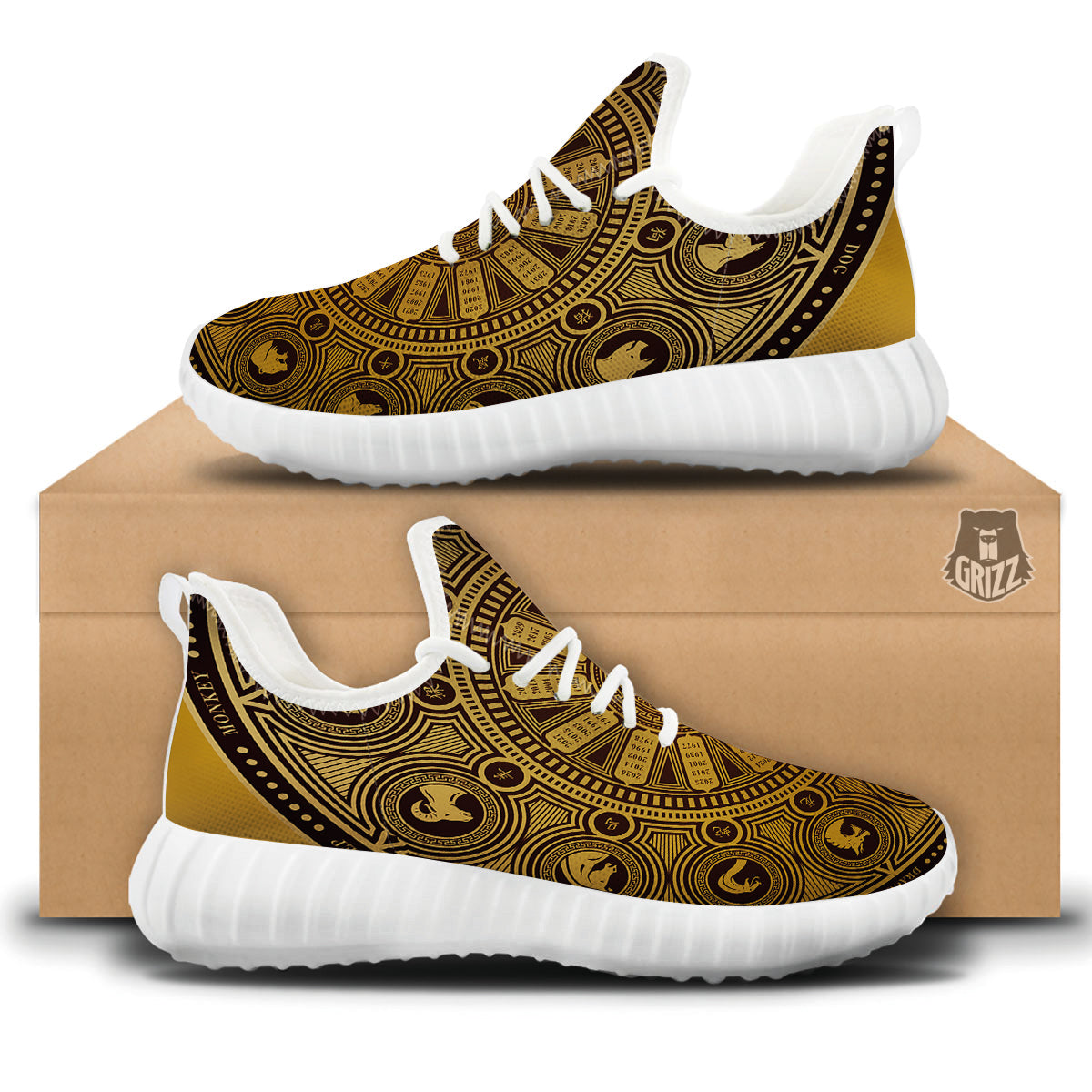 Calendar Signs Chinese Zodiac Print White Walking Shoes-grizzshop