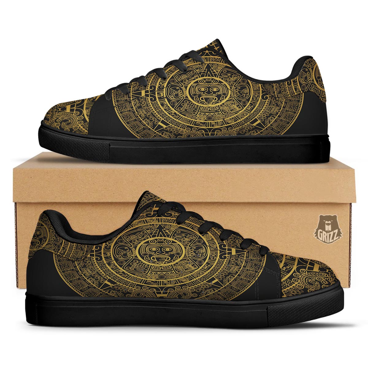 Calendar Tribal Maya Print Black Low Top Sneakers-grizzshop