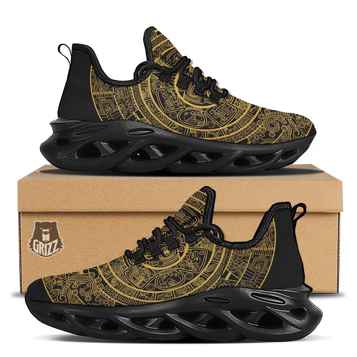 Calendar Tribal Maya Print Black Running Shoes-grizzshop