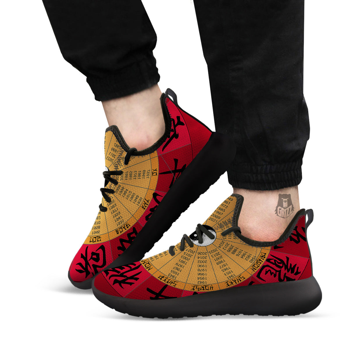 Calendar Wheel Chinese Zodiac Print Black Athletic Shoes-grizzshop
