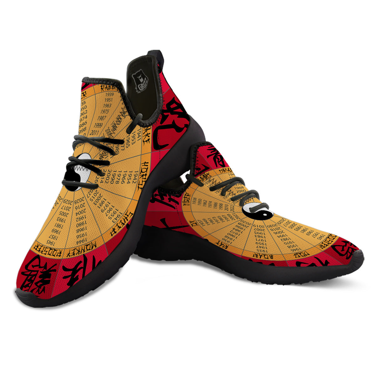 Calendar Wheel Chinese Zodiac Print Black Athletic Shoes-grizzshop