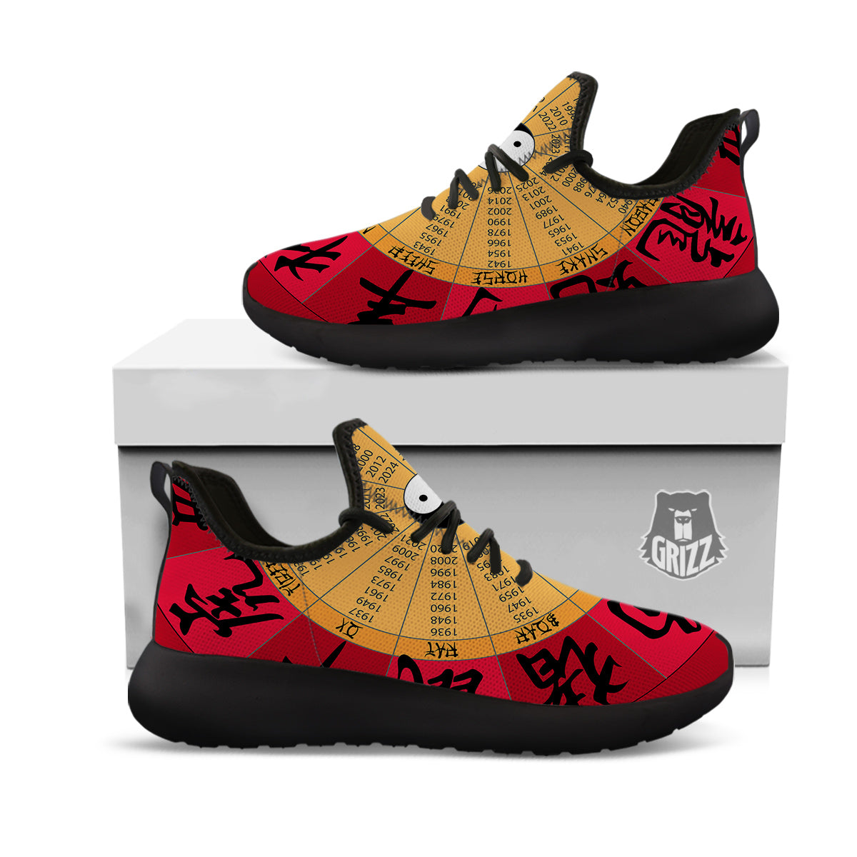 Calendar Wheel Chinese Zodiac Print Black Athletic Shoes-grizzshop