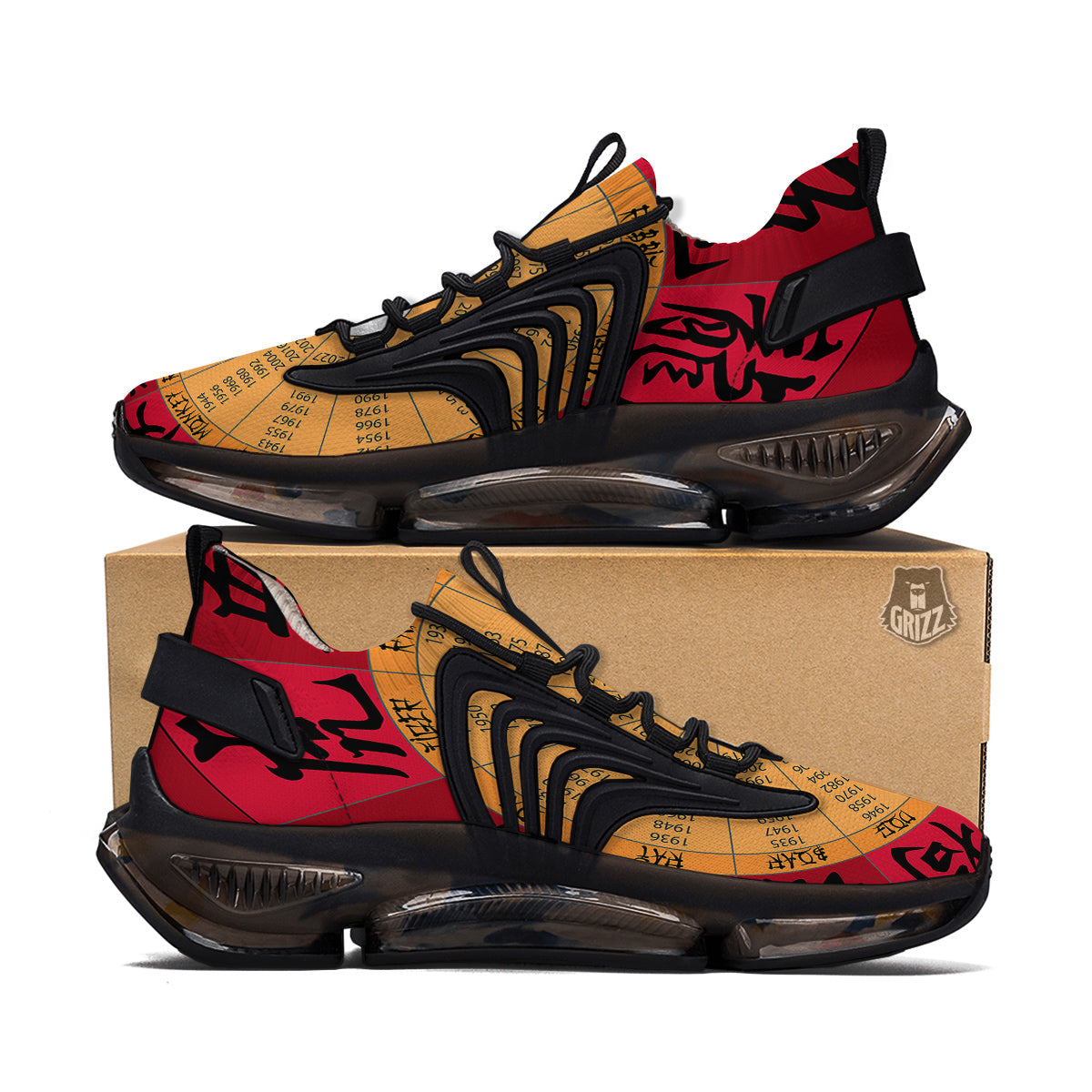 Calendar Wheel Chinese Zodiac Print Black Gym Shoes-grizzshop